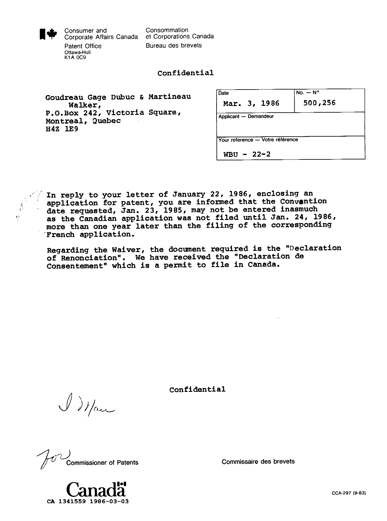 Document de brevet canadien 1341559. Lettre du bureau 19860303. Image 1 de 1