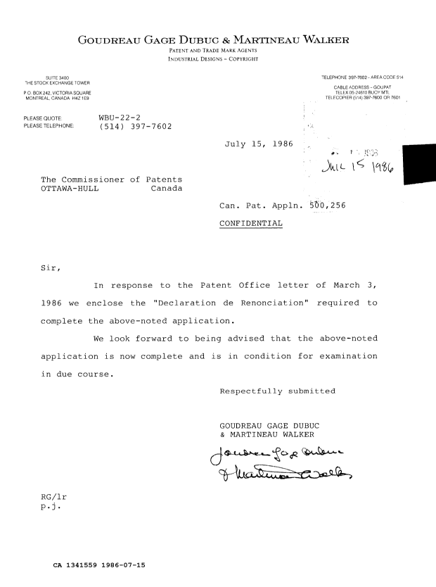 Document de brevet canadien 1341559. Correspondance de la poursuite 19860715. Image 1 de 1