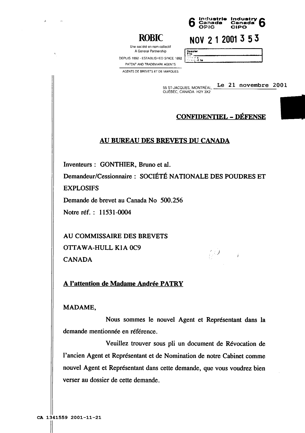 Document de brevet canadien 1341559. Correspondance de la poursuite 20011121. Image 1 de 3