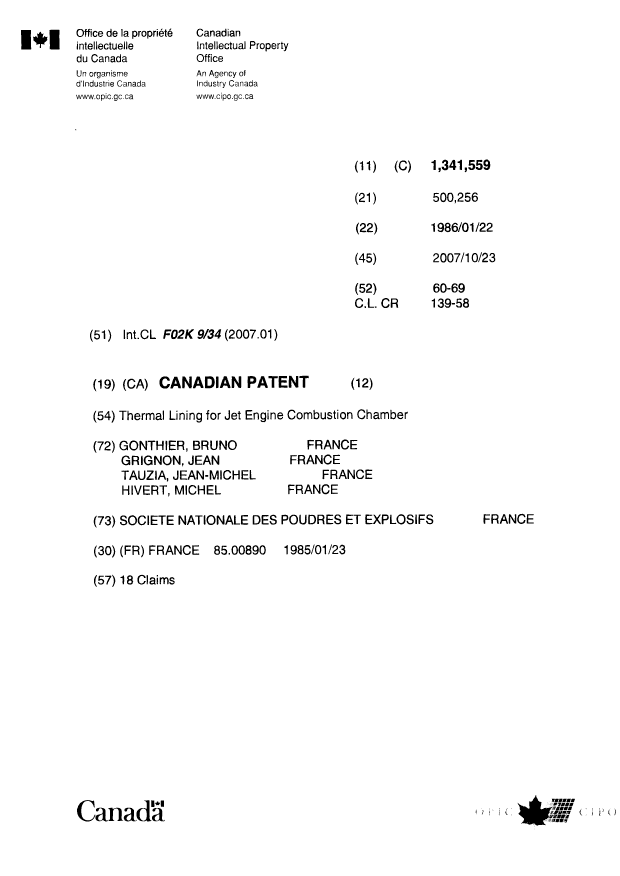 Document de brevet canadien 1341559. Page couverture 20071023. Image 1 de 1