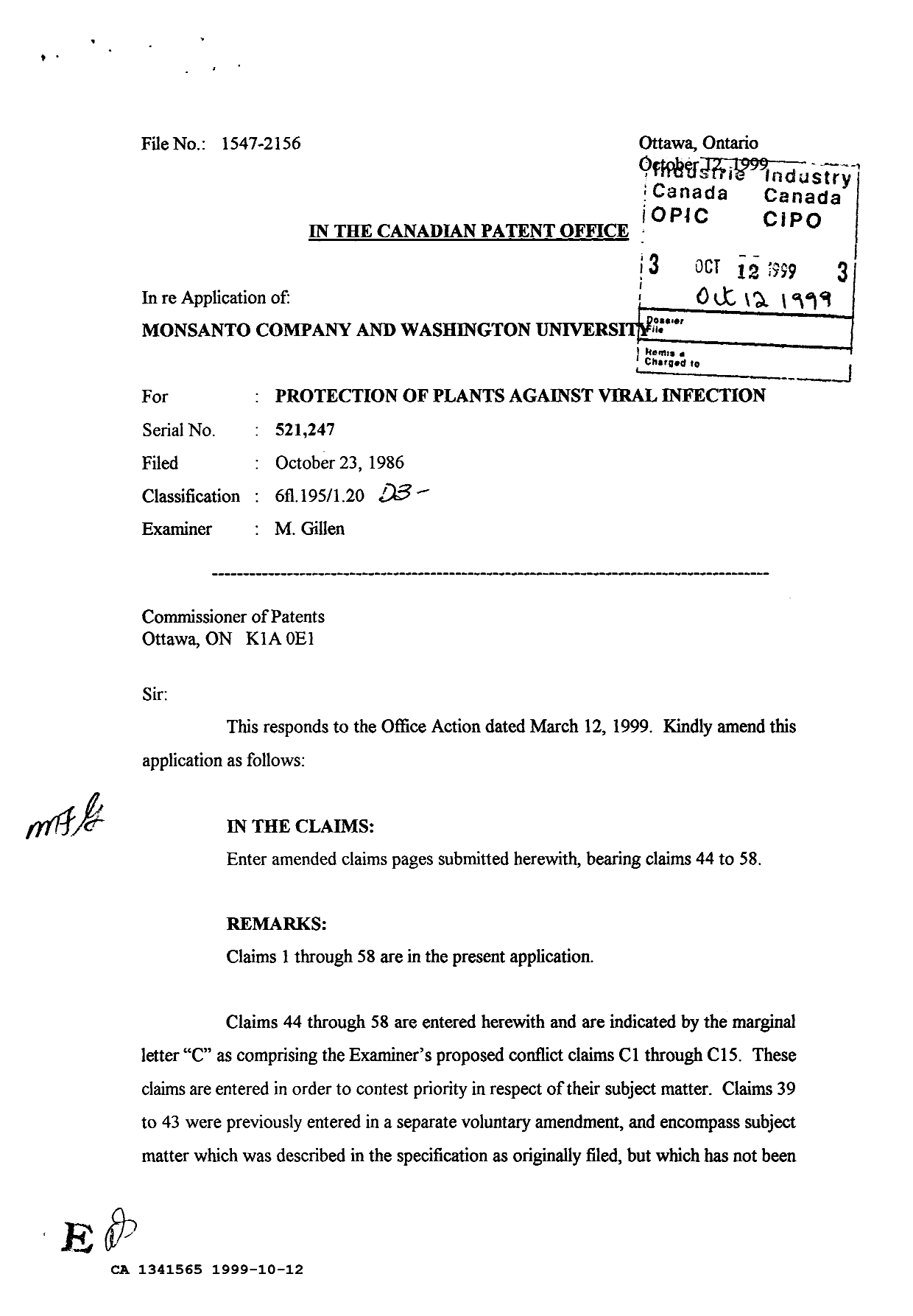 Document de brevet canadien 1341565. Correspondance de la poursuite 19991012. Image 1 de 26