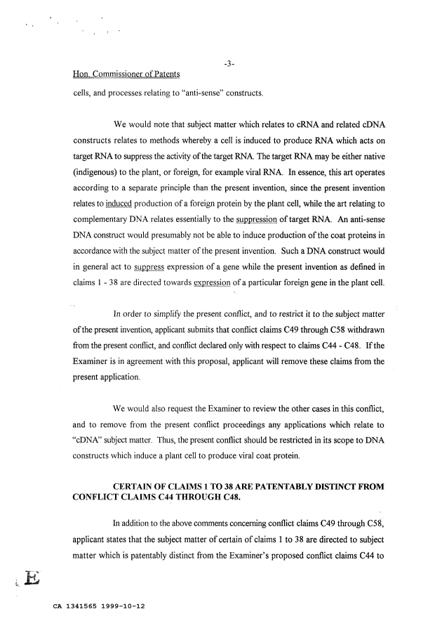 Canadian Patent Document 1341565. Prosecution Correspondence 19991012. Image 3 of 26