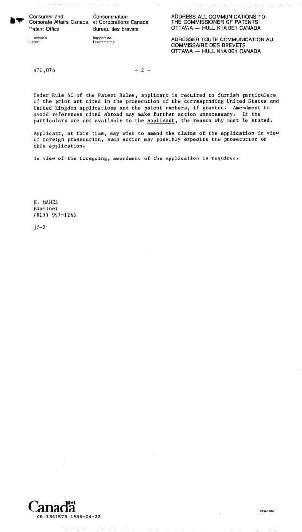 Canadian Patent Document 1341573. Examiner Requisition 19860422. Image 2 of 2