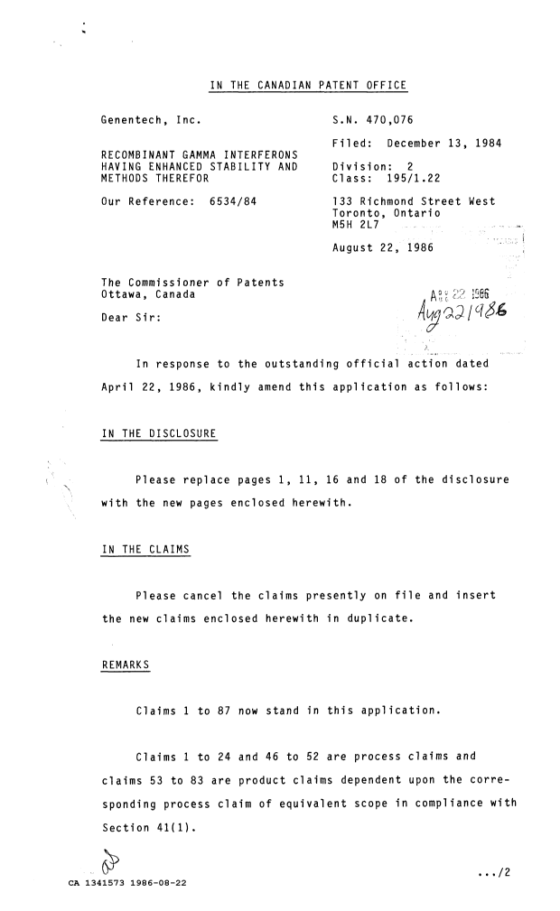 Document de brevet canadien 1341573. Correspondance de la poursuite 19860822. Image 1 de 3