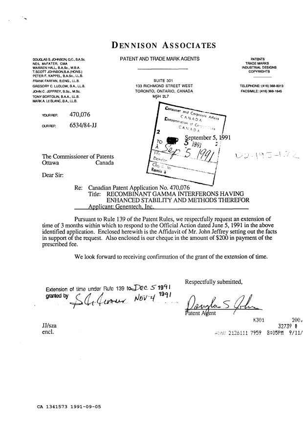 Document de brevet canadien 1341573. Correspondance reliée au PCT 19910905. Image 1 de 2