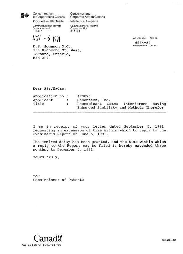 Document de brevet canadien 1341573. Lettre du bureau 19911106. Image 1 de 1