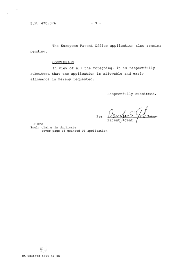 Canadian Patent Document 1341573. Prosecution Correspondence 19911205. Image 9 of 9
