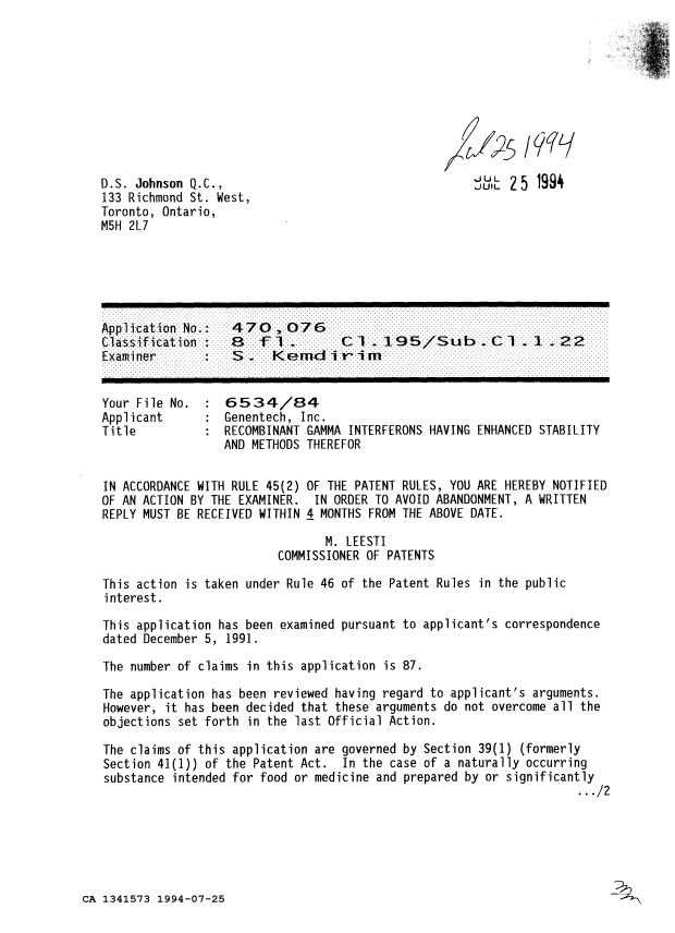 Document de brevet canadien 1341573. Demande d'examen 19940725. Image 1 de 2