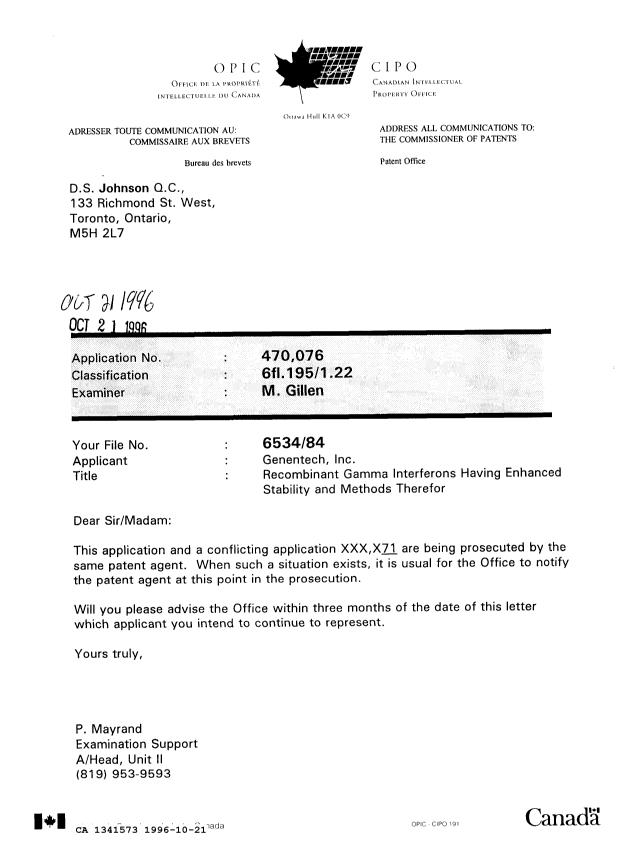 Document de brevet canadien 1341573. Lettre du bureau 19961021. Image 1 de 1