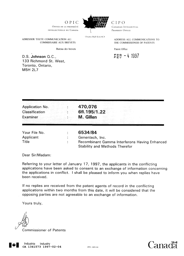 Document de brevet canadien 1341573. Lettre du bureau 19970204. Image 1 de 1