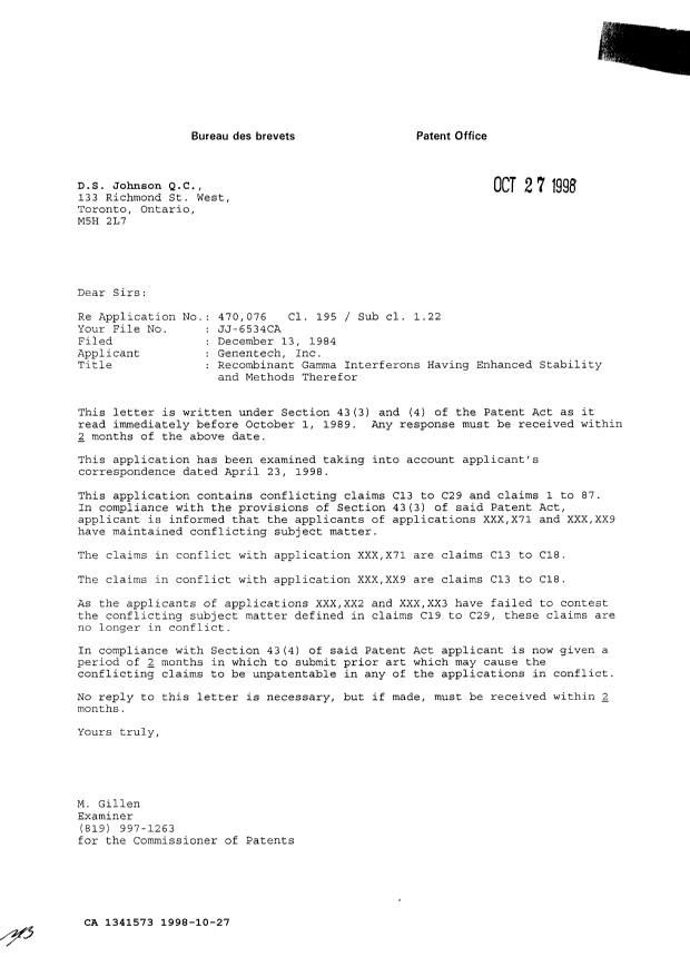 Document de brevet canadien 1341573. Demande d'examen 19981027. Image 1 de 1