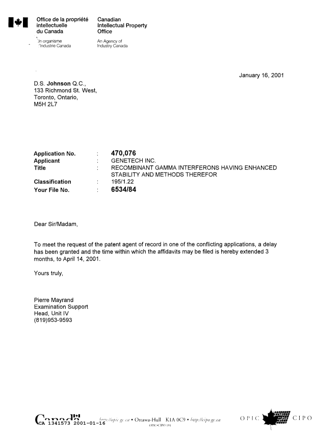 Document de brevet canadien 1341573. Lettre du bureau 20010116. Image 1 de 1
