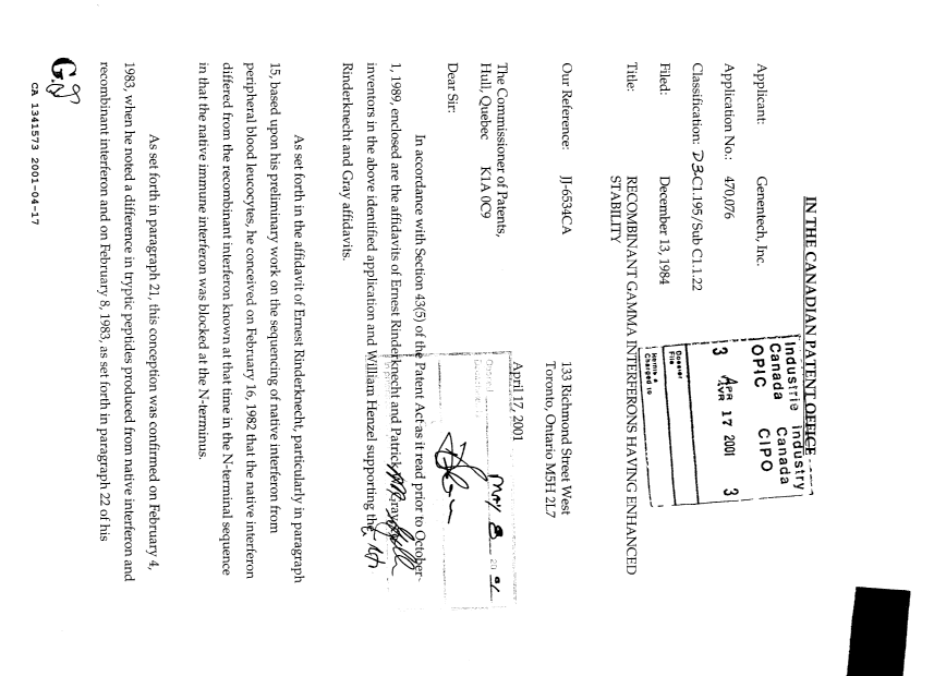 Canadian Patent Document 1341573. Prosecution Correspondence 20010417. Image 1 of 271
