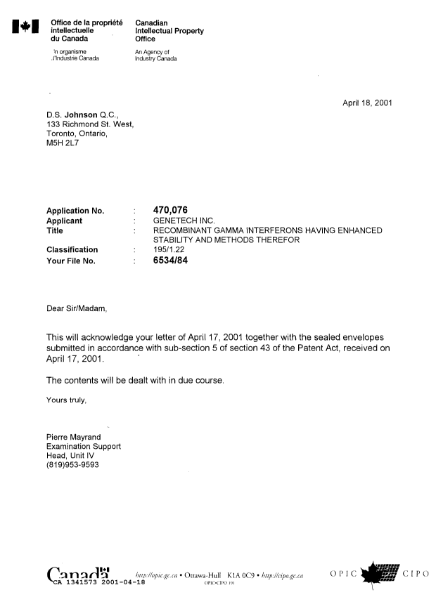Document de brevet canadien 1341573. Lettre du bureau 20010418. Image 1 de 1