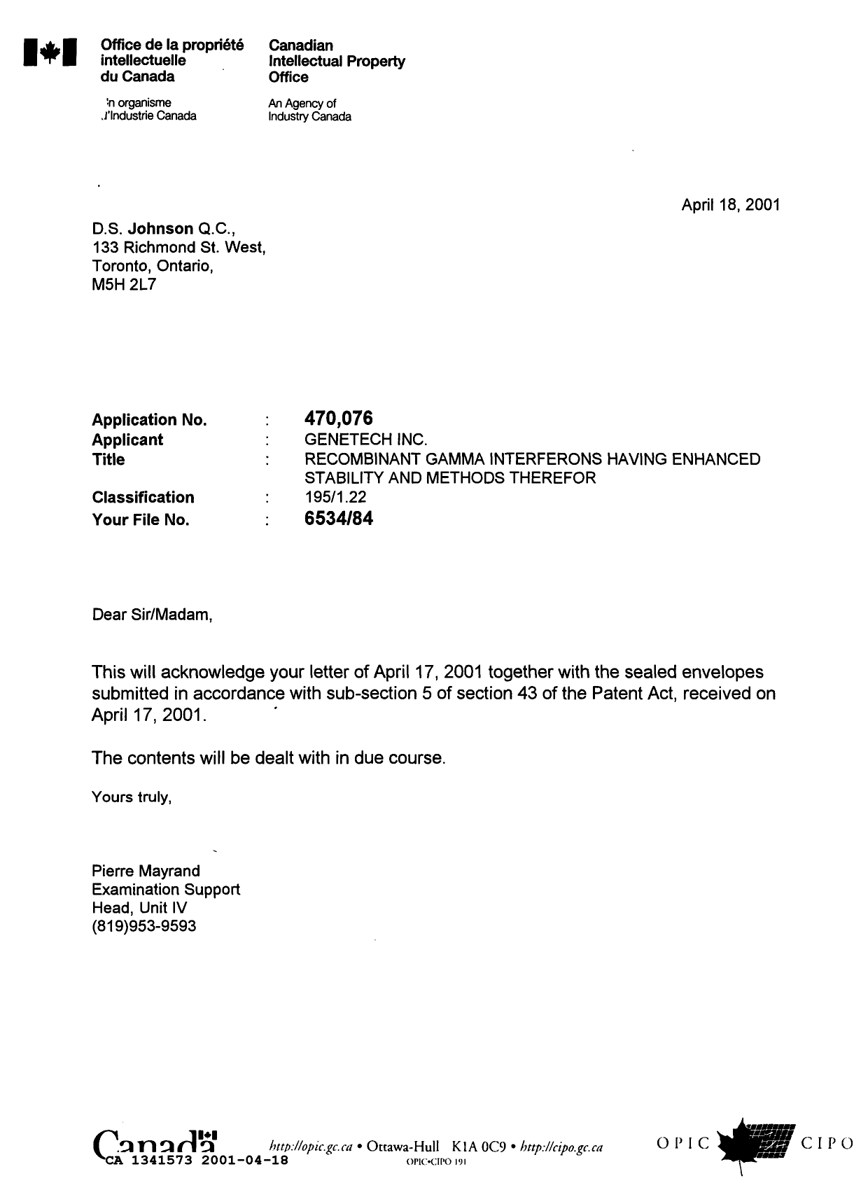 Canadian Patent Document 1341573. Office Letter 20010418. Image 1 of 1