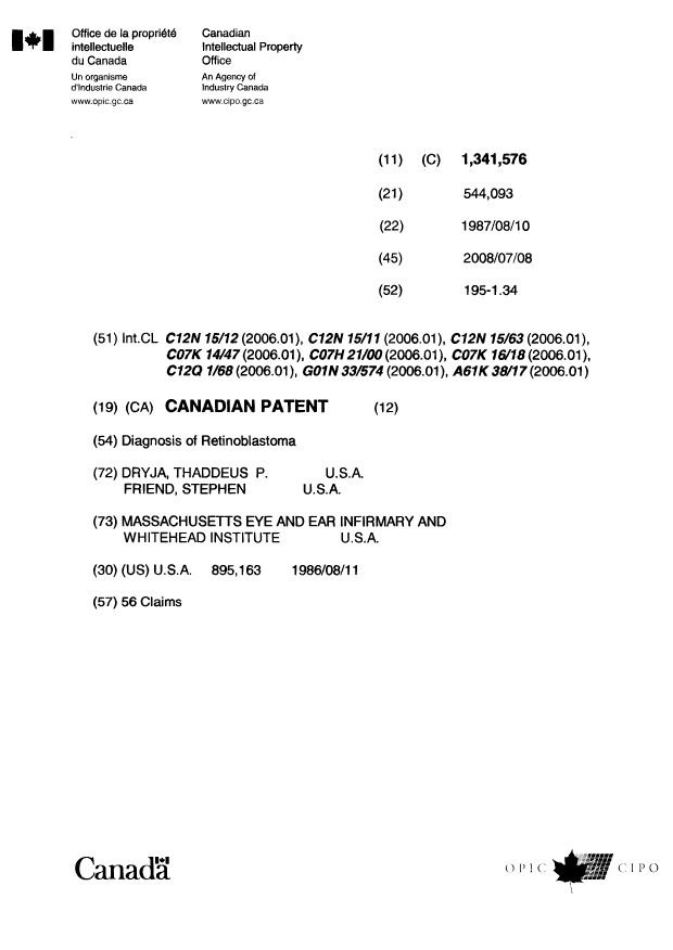 Document de brevet canadien 1341573. Page couverture 20080513. Image 1 de 1