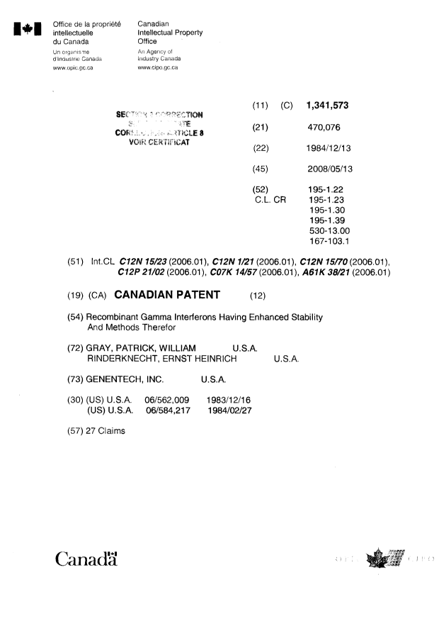 Document de brevet canadien 1341573. Page couverture 20080917. Image 1 de 2