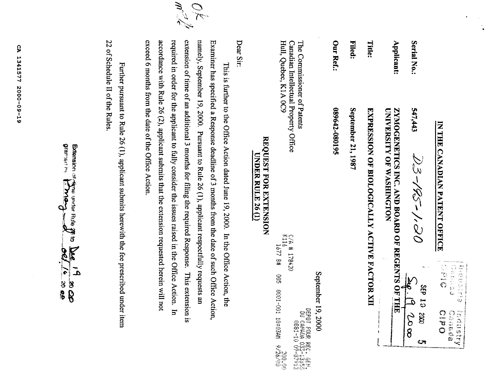 Canadian Patent Document 1341577. PCT Correspondence 20000919. Image 1 of 2