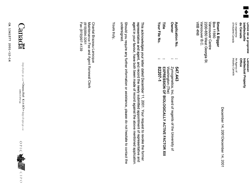 Document de brevet canadien 1341577. Lettre du bureau 20011214. Image 1 de 1