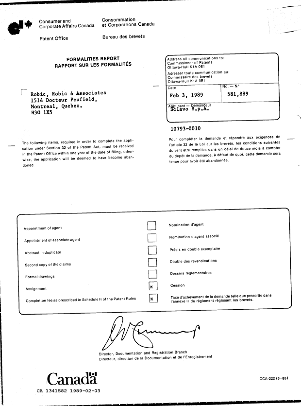Document de brevet canadien 1341582. Lettre du bureau 19890203. Image 1 de 1