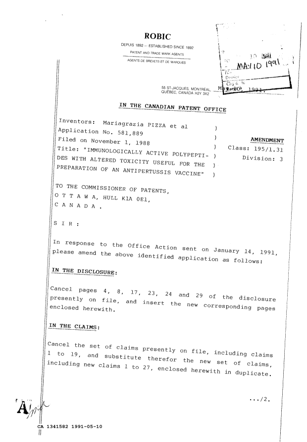 Document de brevet canadien 1341582. Correspondance de la poursuite 19910510. Image 1 de 4