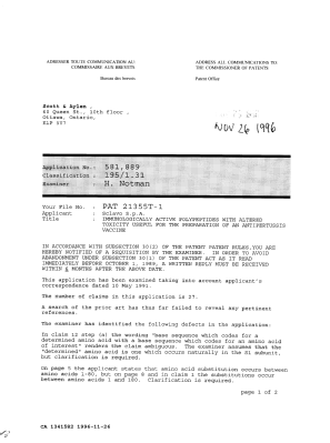 Document de brevet canadien 1341582. Demande d'examen 19961126. Image 1 de 2