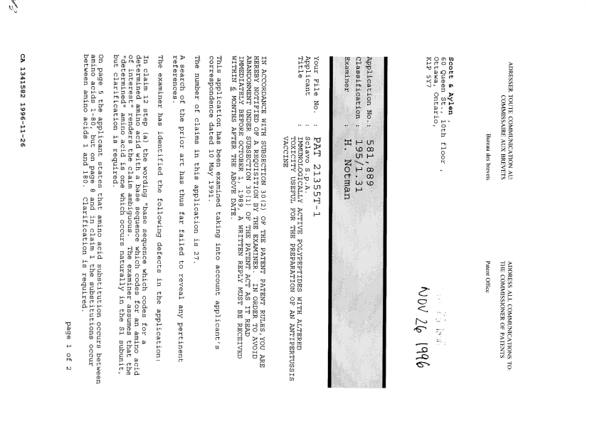 Document de brevet canadien 1341582. Demande d'examen 19961126. Image 1 de 2