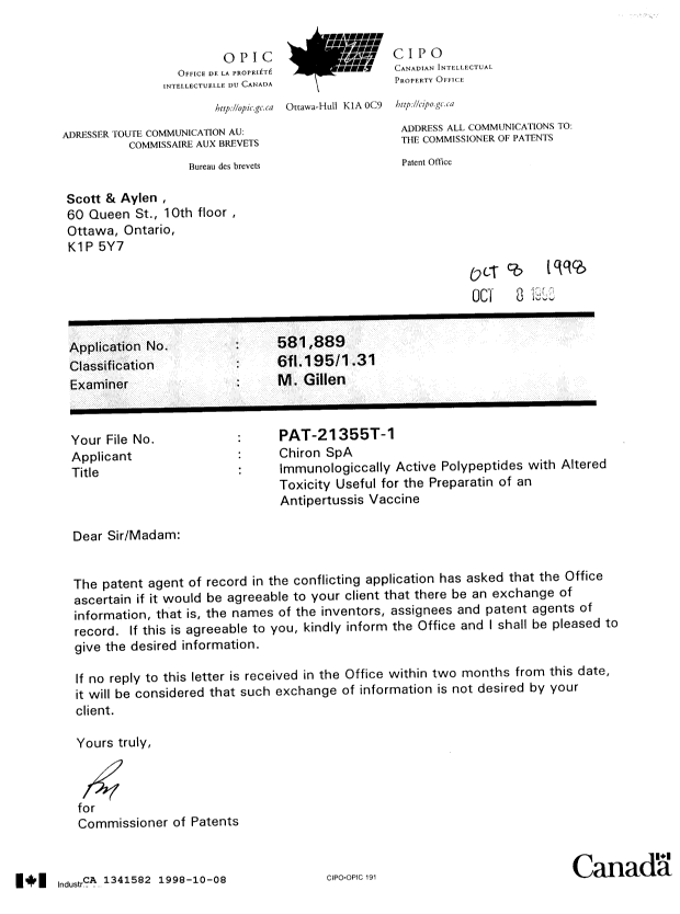 Document de brevet canadien 1341582. Lettre du bureau 19981008. Image 1 de 1