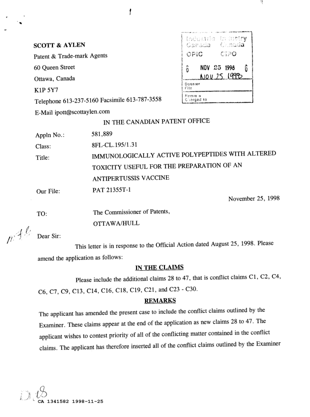 Document de brevet canadien 1341582. Correspondance de la poursuite 19981125. Image 1 de 2