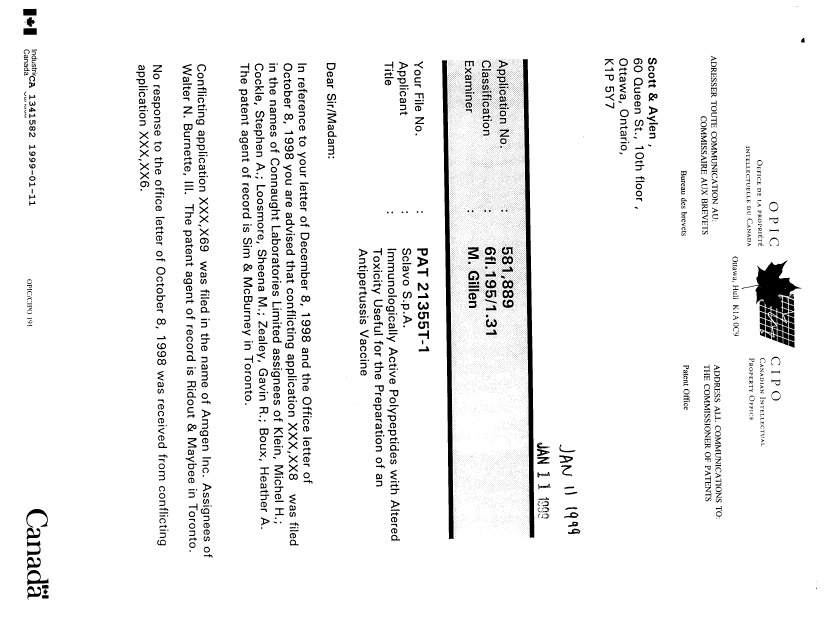 Document de brevet canadien 1341582. Lettre du bureau 19990111. Image 1 de 2