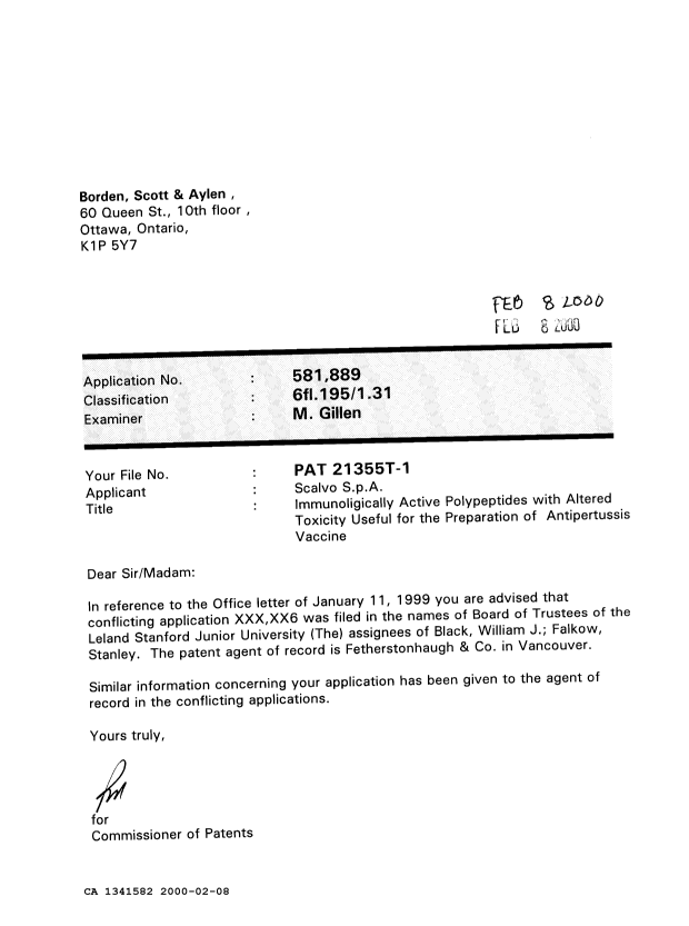 Document de brevet canadien 1341582. Lettre du bureau 20000208. Image 1 de 1