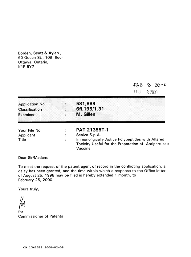 Document de brevet canadien 1341582. Lettre du bureau 20000208. Image 1 de 1