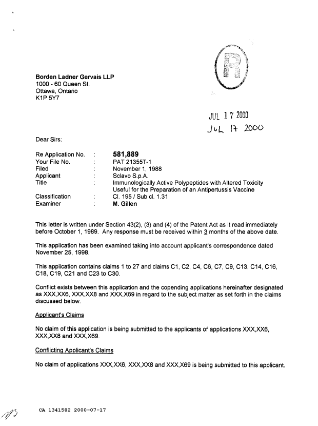 Document de brevet canadien 1341582. Demande d'examen 20000717. Image 1 de 3