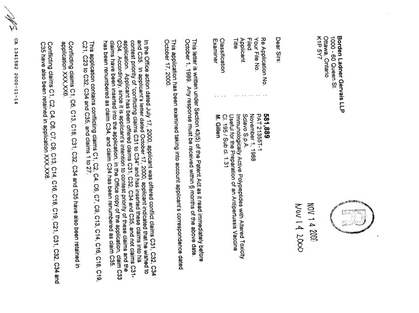 Document de brevet canadien 1341582. Demande d'examen 20001114. Image 1 de 2