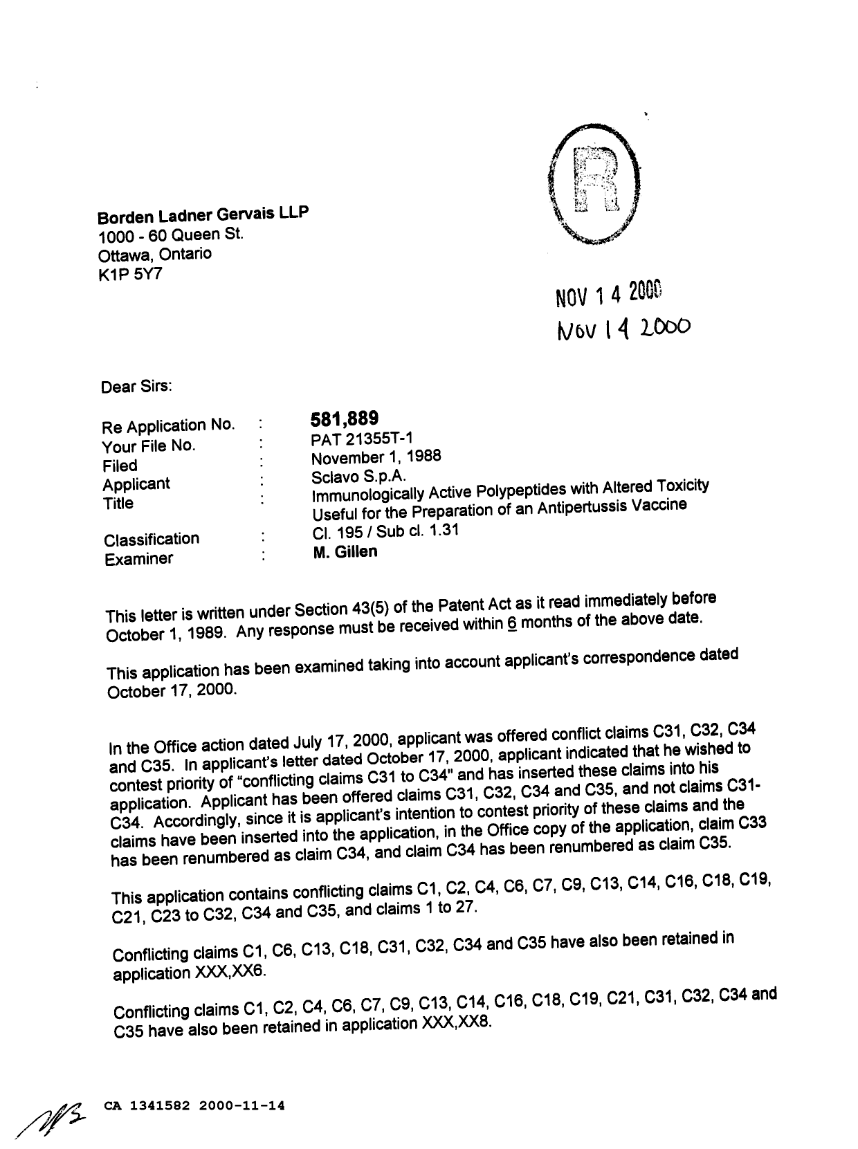 Document de brevet canadien 1341582. Demande d'examen 20001114. Image 1 de 2