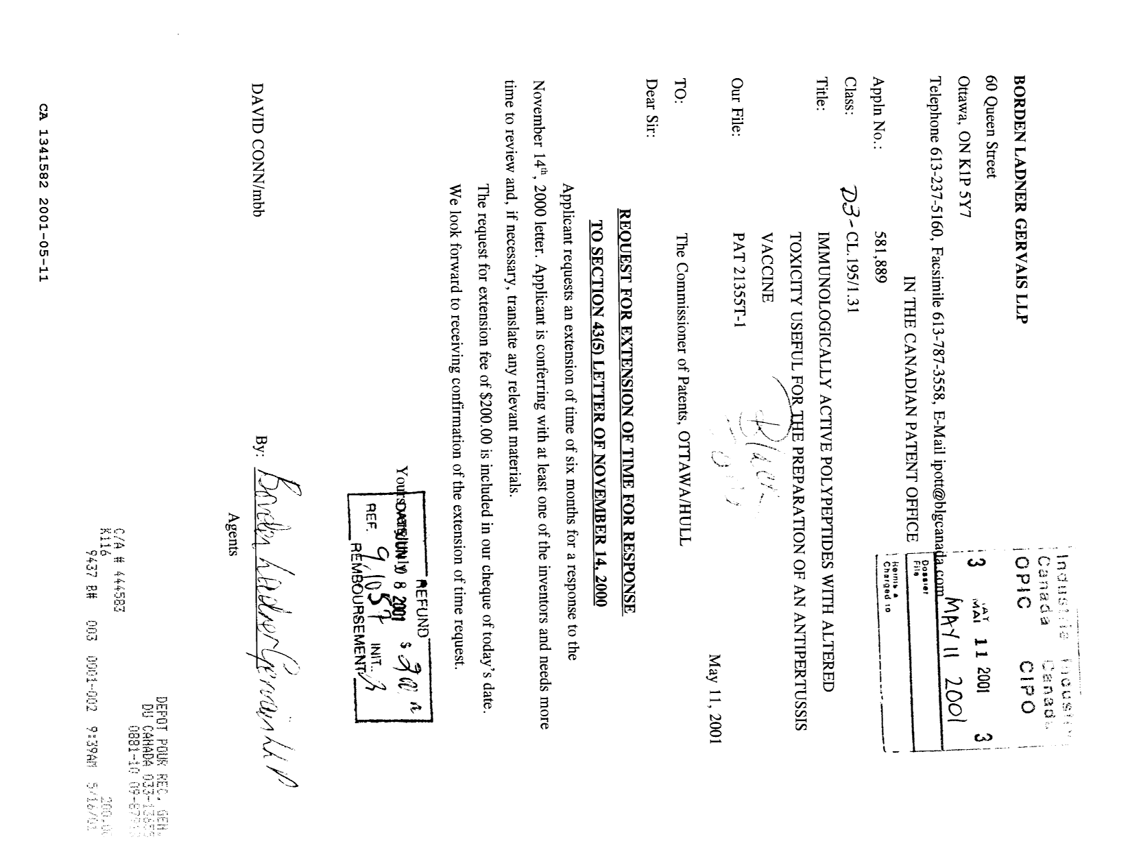 Canadian Patent Document 1341582. PCT Correspondence 20010511. Image 1 of 1