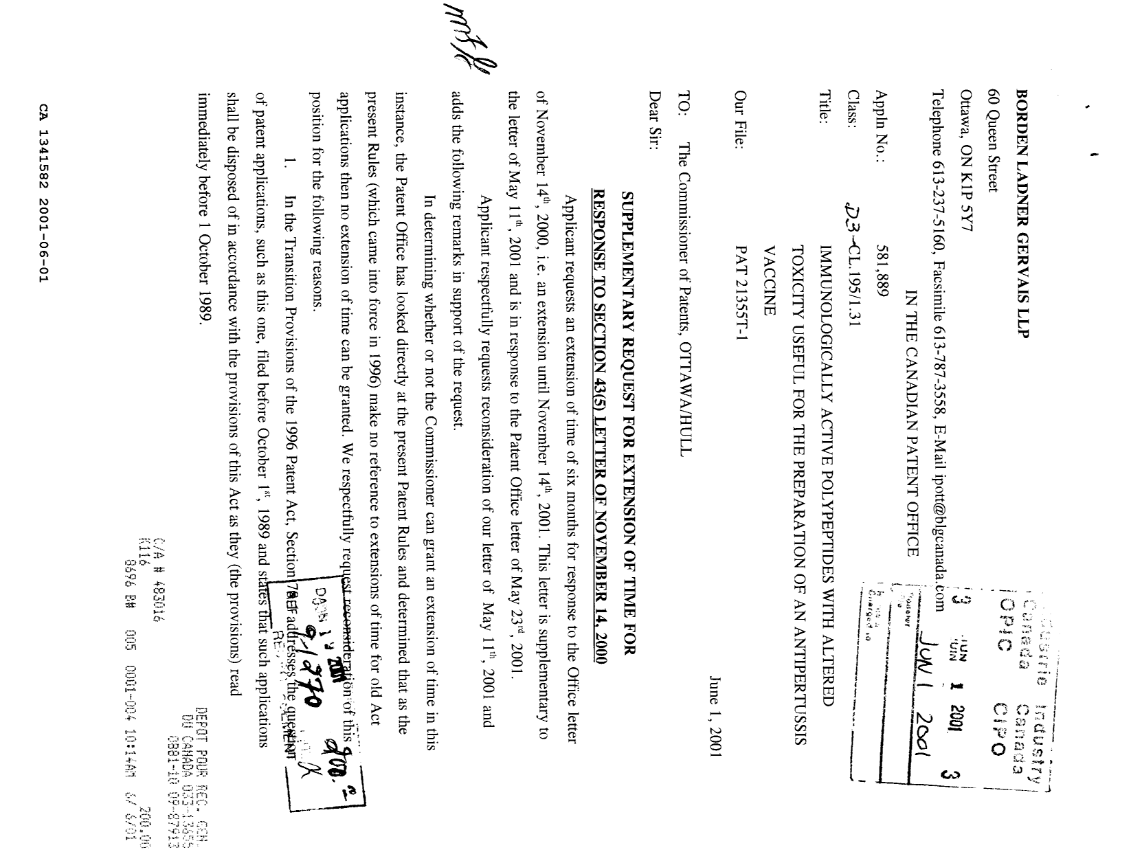 Canadian Patent Document 1341582. Examiner Requisition 20010601. Image 1 of 3