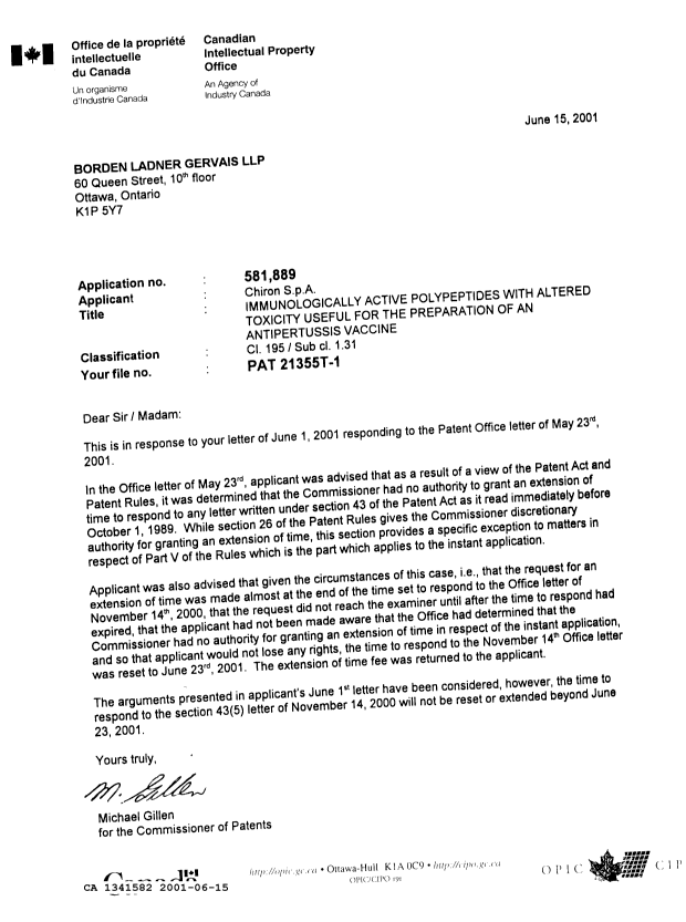 Canadian Patent Document 1341582. Office Letter 20010615. Image 1 of 1