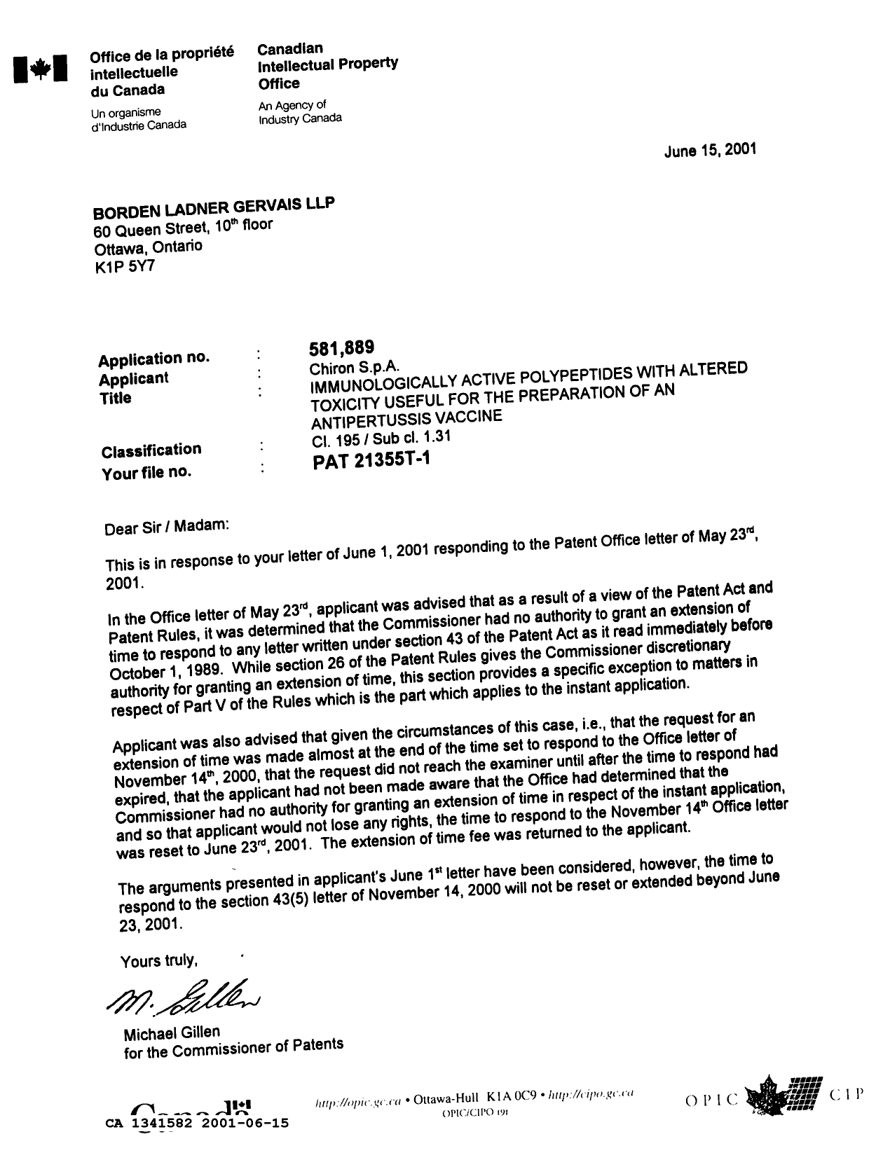 Document de brevet canadien 1341582. Lettre du bureau 20010615. Image 1 de 1