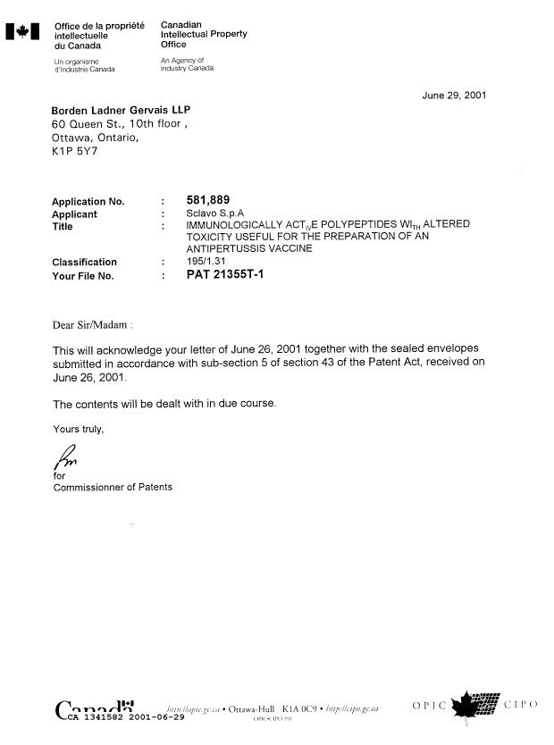 Canadian Patent Document 1341582. Office Letter 20010629. Image 1 of 1
