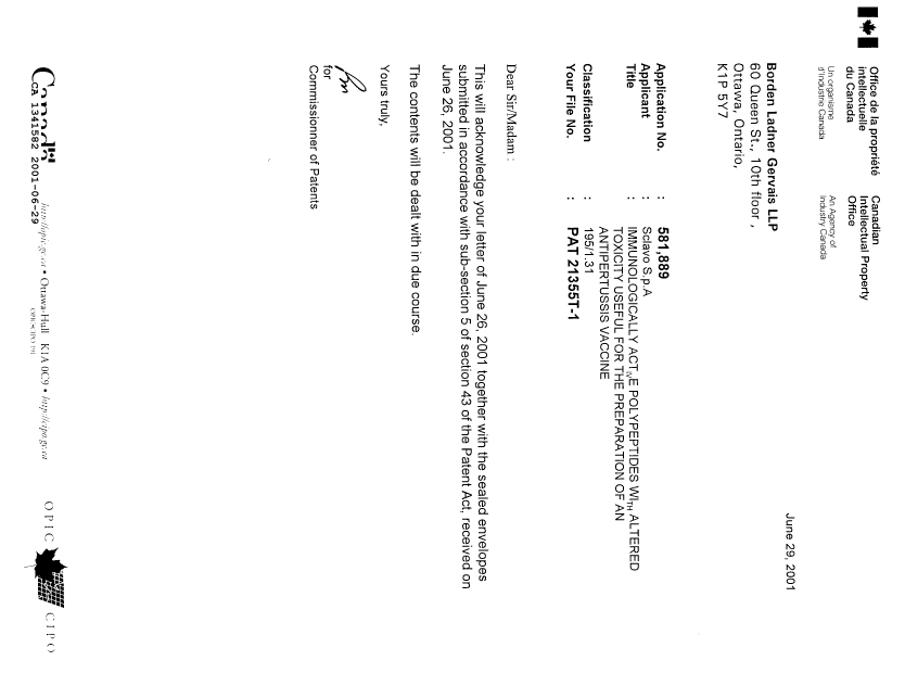 Document de brevet canadien 1341582. Lettre du bureau 20010629. Image 1 de 1