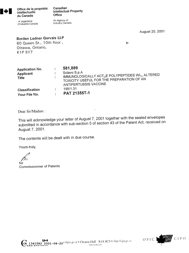 Document de brevet canadien 1341582. Lettre du bureau 20010820. Image 1 de 1