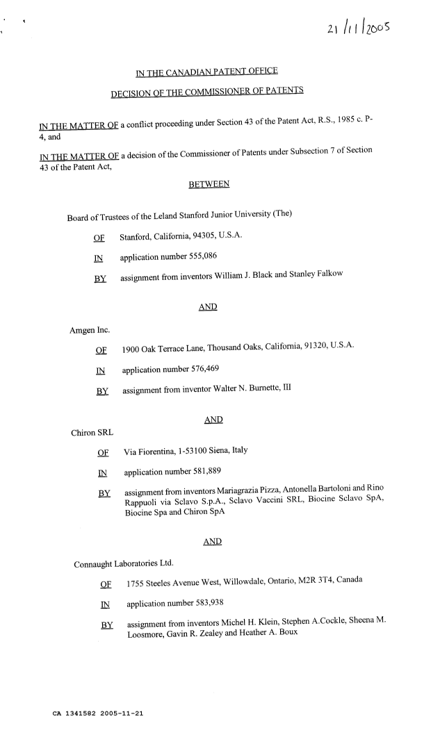 Document de brevet canadien 1341582. Demande d'examen 20051121. Image 1 de 9