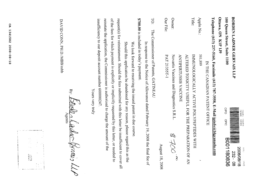 Document de brevet canadien 1341582. Correspondance reliée au PCT 20080818. Image 1 de 1