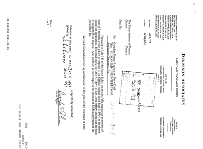 Canadian Patent Document 1341590. Prosecution Correspondence 19910905. Image 1 of 2