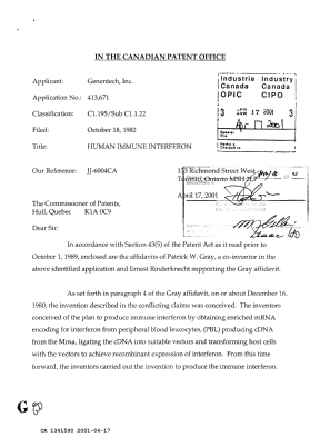 Canadian Patent Document 1341590. Prosecution Correspondence 20010417. Image 1 of 14