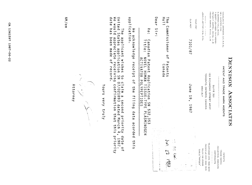 Document de brevet canadien 1341597. Correspondance reliée au PCT 19870622. Image 1 de 1