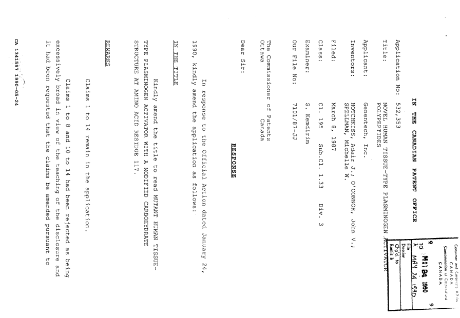 Document de brevet canadien 1341597. Correspondance de la poursuite 19900524. Image 1 de 11