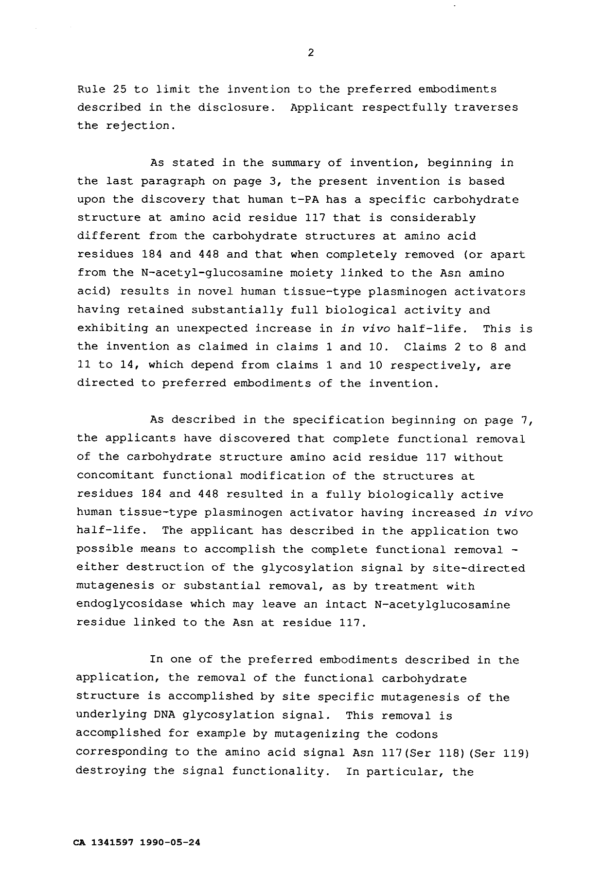 Canadian Patent Document 1341597. Prosecution Correspondence 19900524. Image 2 of 11