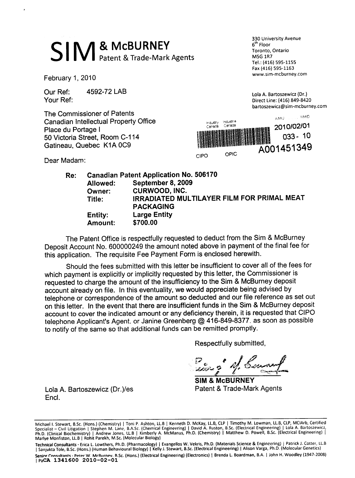 Document de brevet canadien 1341600. Correspondance reliée au PCT 20100201. Image 1 de 1